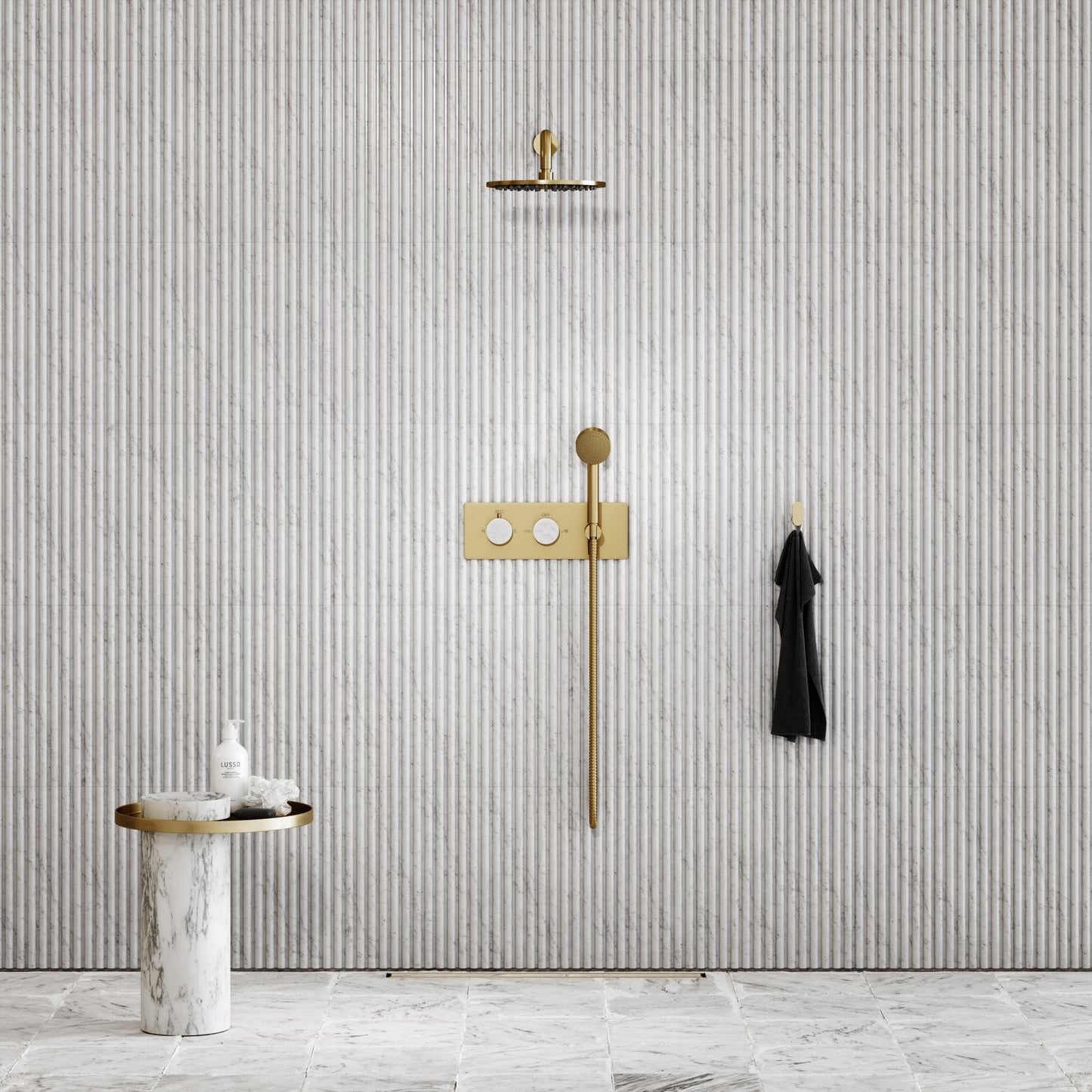 Porto Thermostatic Shower (Brushed Gold & Carrara Marble)