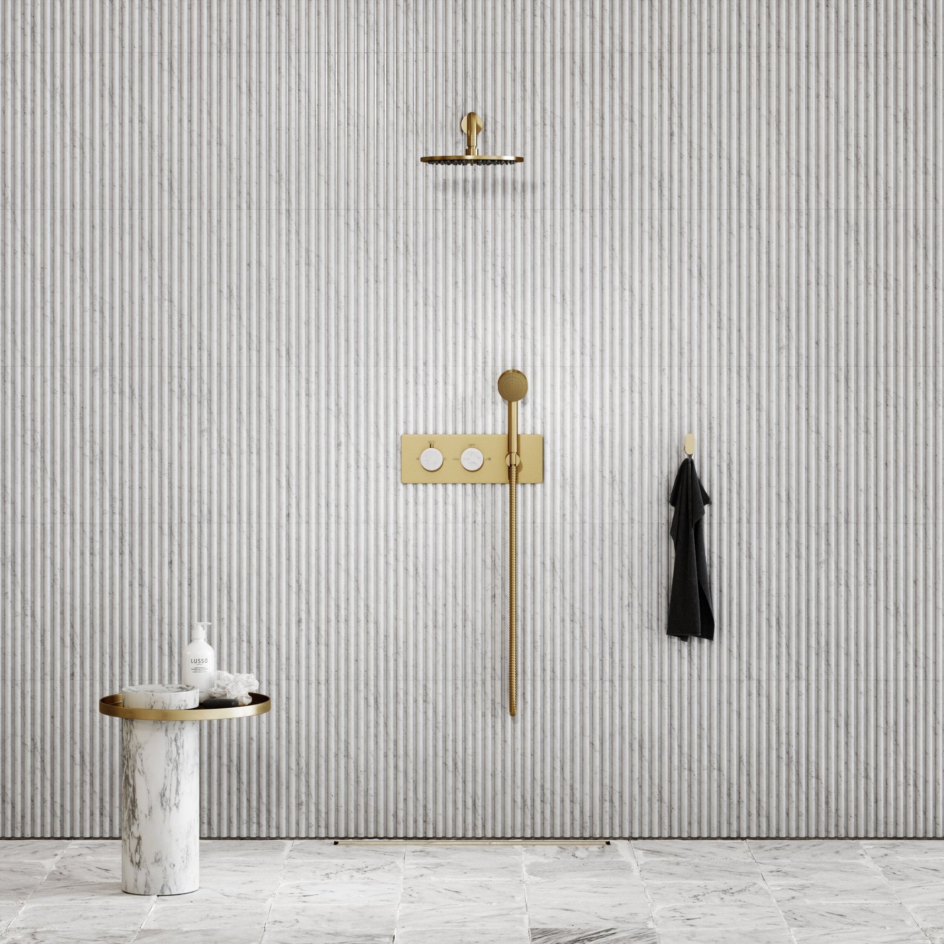 Porto Thermostatic Shower (Brushed Gold & Carrara Marble)