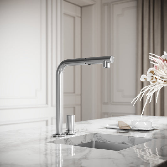 Pure Brushed Stainless Pull Out Swivel Kitchen Tap