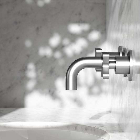 Regal Brushed Stainless Crosshead Wall Mounted Short Projection Basin Mixer Tap