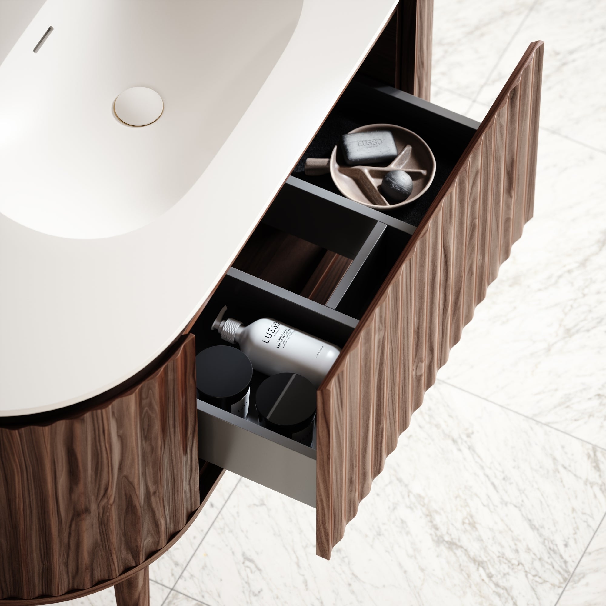 Walnut Rounded Vanity Regent Natural Walnut Freestanding Vanity Unit 1200mm | LUSSO