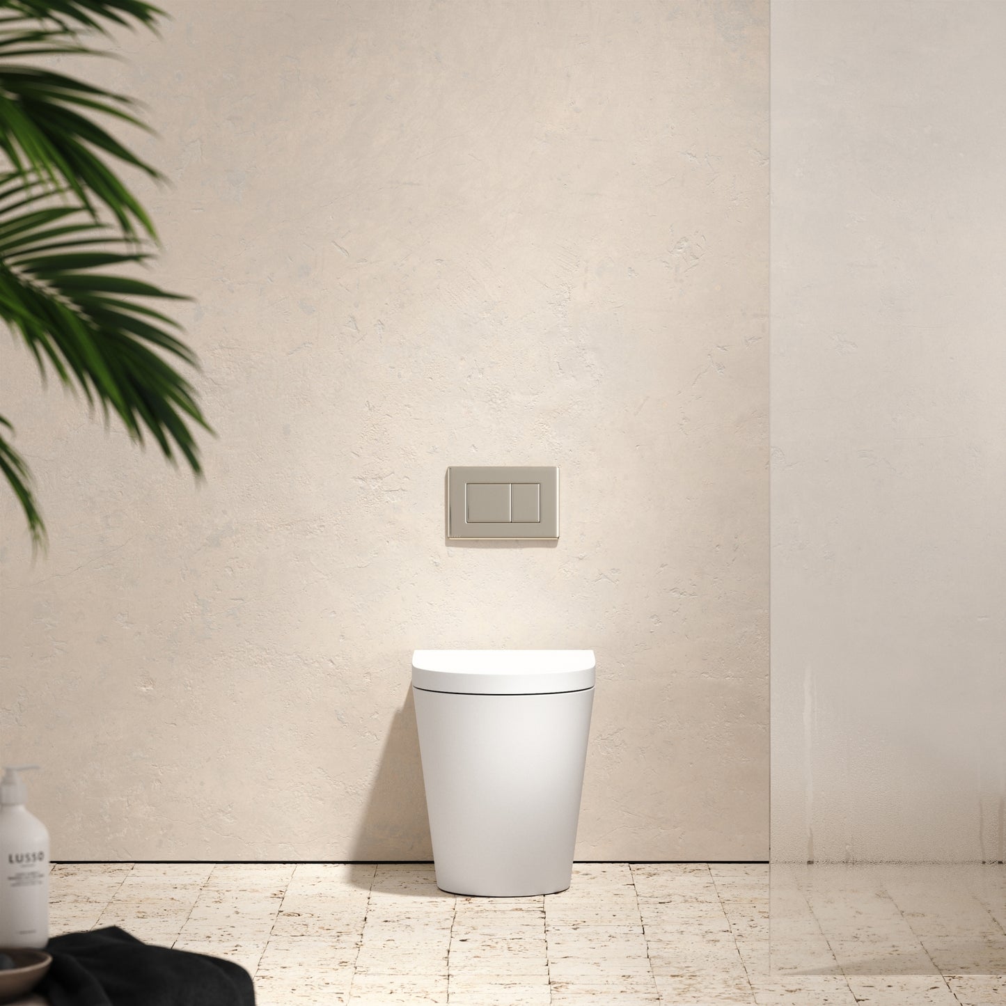 Senza Back To Wall Rimless Matte Toilet Concealed Cistern and Polished Nickel Flush Plate