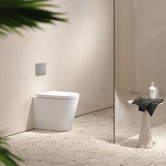 Senza Back To Wall Rimless Toilet with Concealed Cistern and Chrome Flush Plate