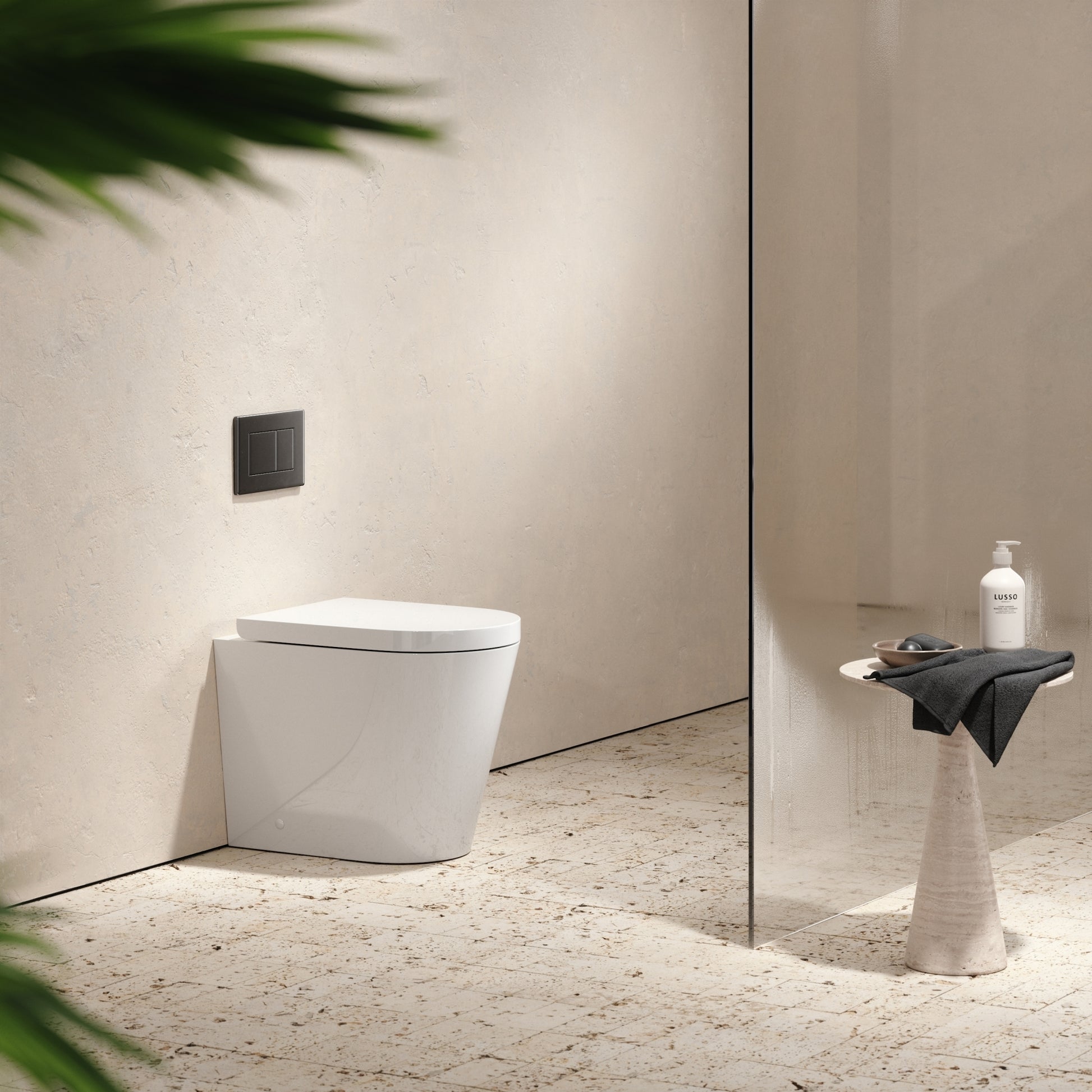 Senza Back To Wall Rimless Toilet with Concealed Cistern and Gunmetal Flush Plate