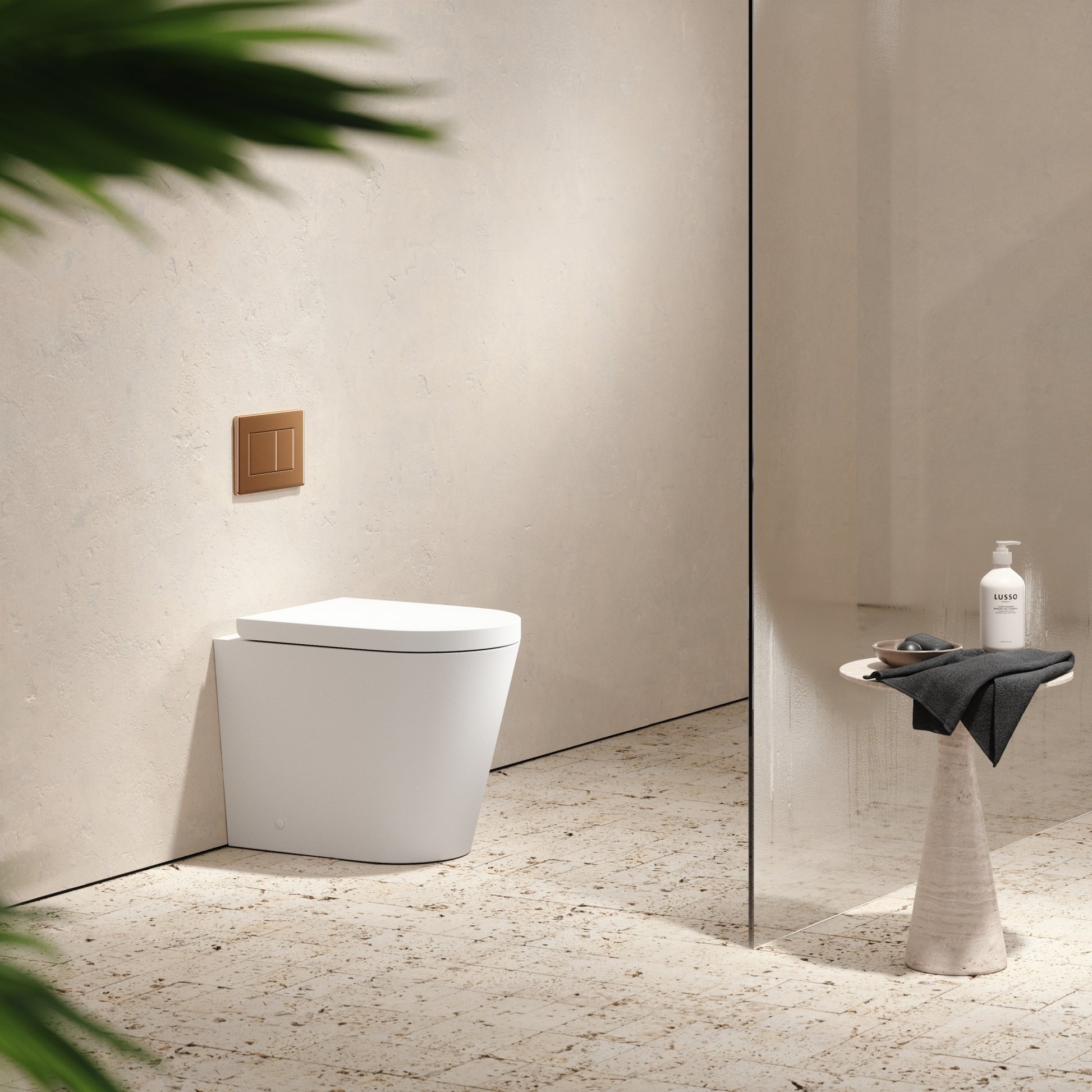 Senza Back To Wall Rimless Toilet with Concealed Cistern and Rose Gold Flush Plate