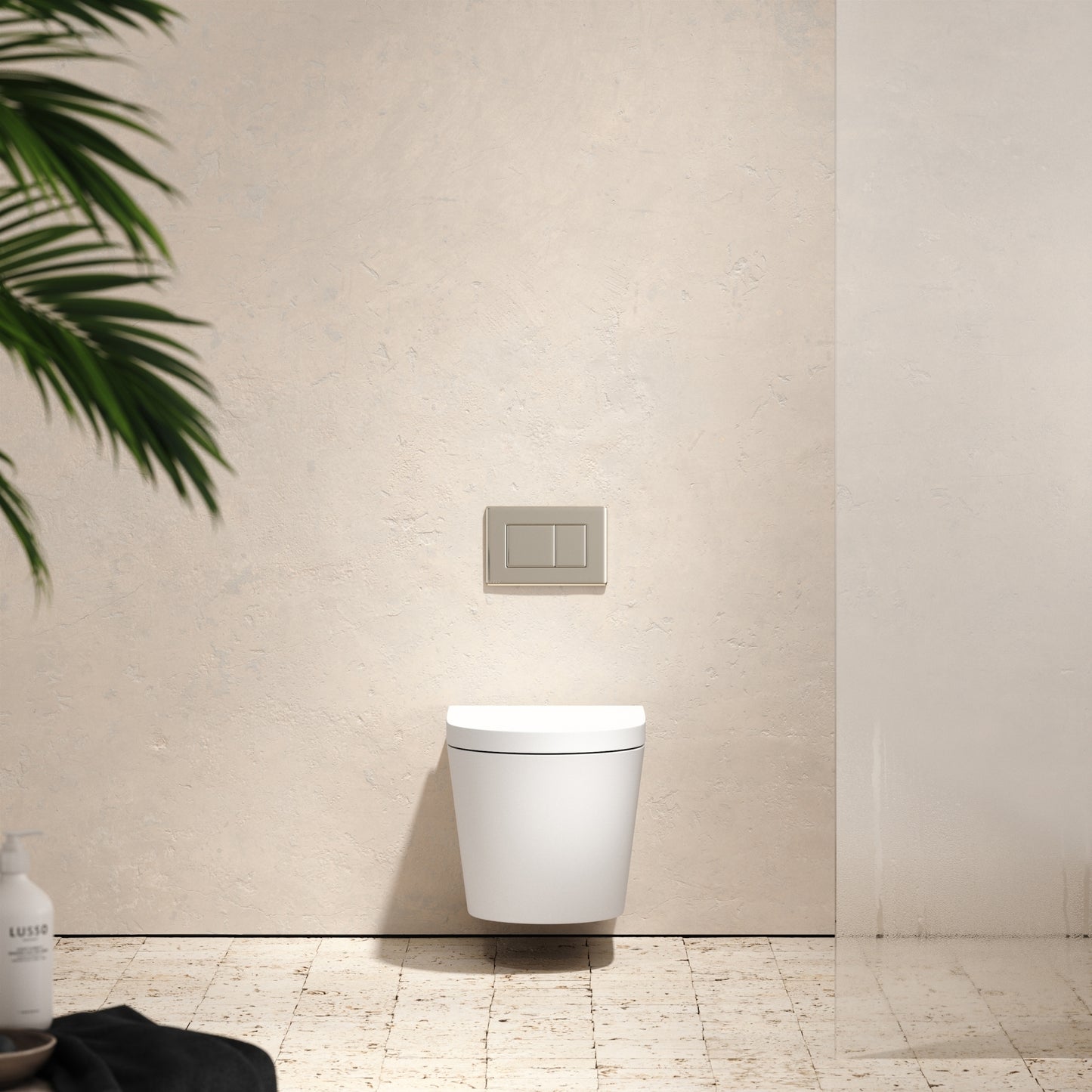 Senza Wall Hung Rimless Matte Toilet Concealed Cistern Frame and Polished Nickel Flush Plate