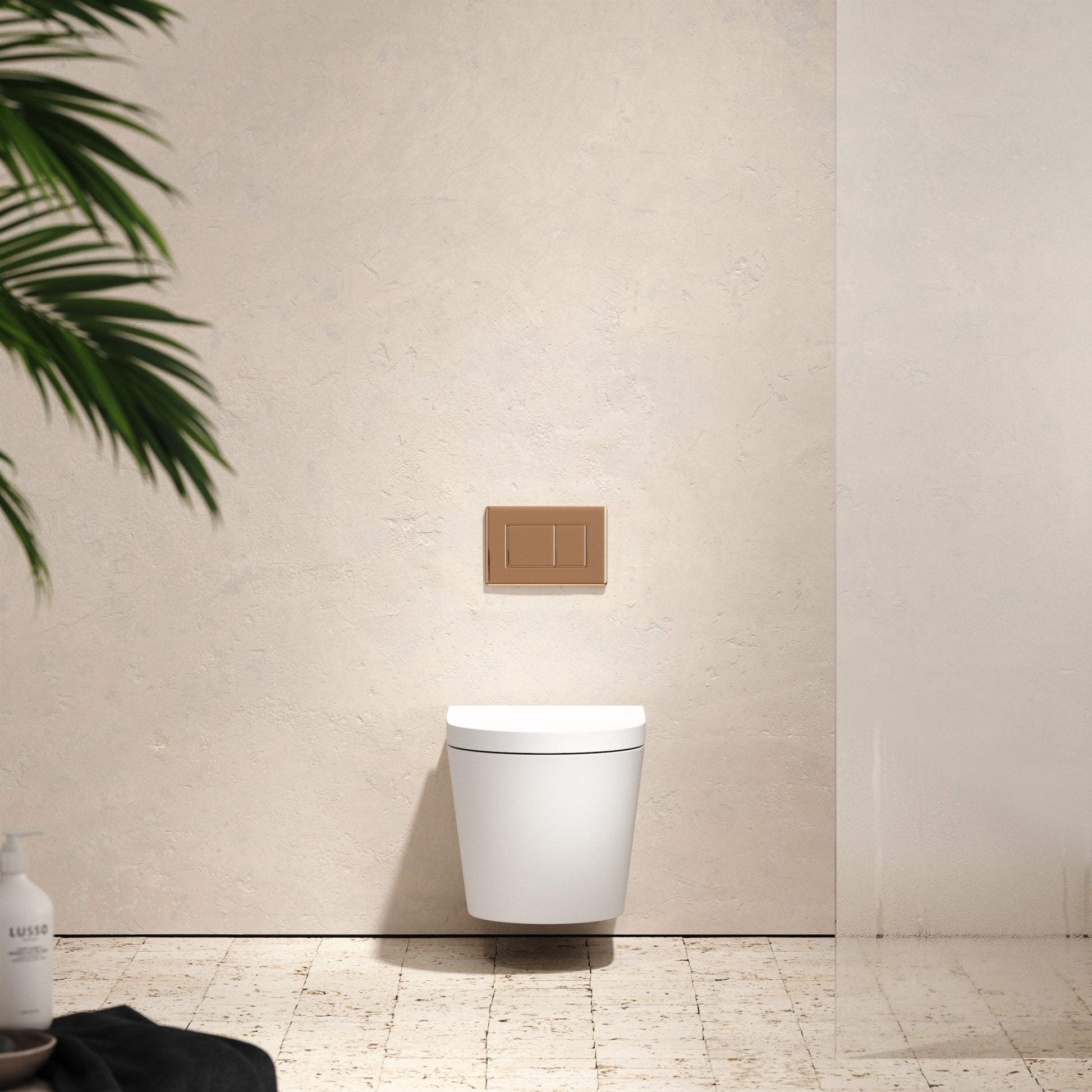 Senza Wall Hung Rimless Toilet with Concealed Cistern Frame and Rose Gold Flush Plate