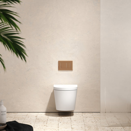 Senza Wall Hung Rimless Toilet with Concealed Cistern Frame and Rose Gold Flush Plate