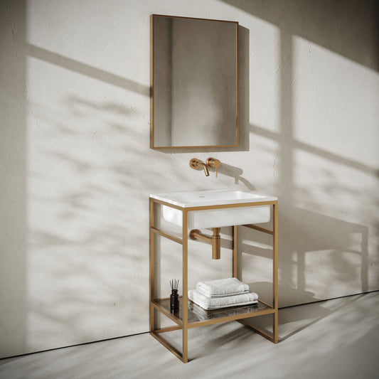 Signature Vanity Unit with Stone Basin Brushed Gold Frame 600mm