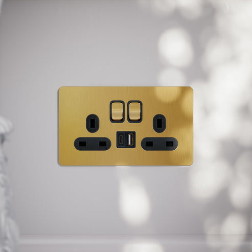 SlimTech Brushed Gold 2 Gang 13A USB/USB-C Socket - LUSSO