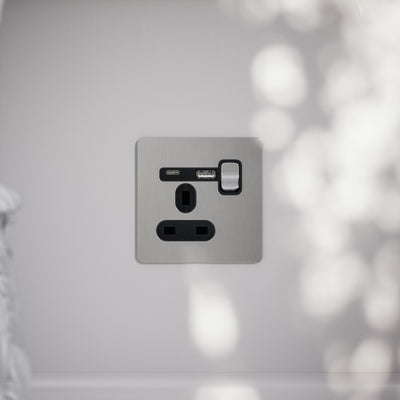 SlimTech Collection Brushed Stainless 1 Gang 13A USB & USB-C Socket