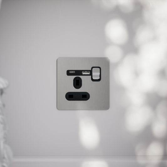 SlimTech Collection Brushed Stainless 1 Gang 13A USB & USB-C Socket