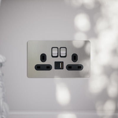 SlimTech Collection Brushed Stainless 2 Gang 13A USB & USB-C Socket