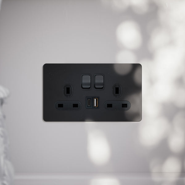 SlimTech Matte Black 2 Gang 13A USB/USB-C Socket - LUSSO
