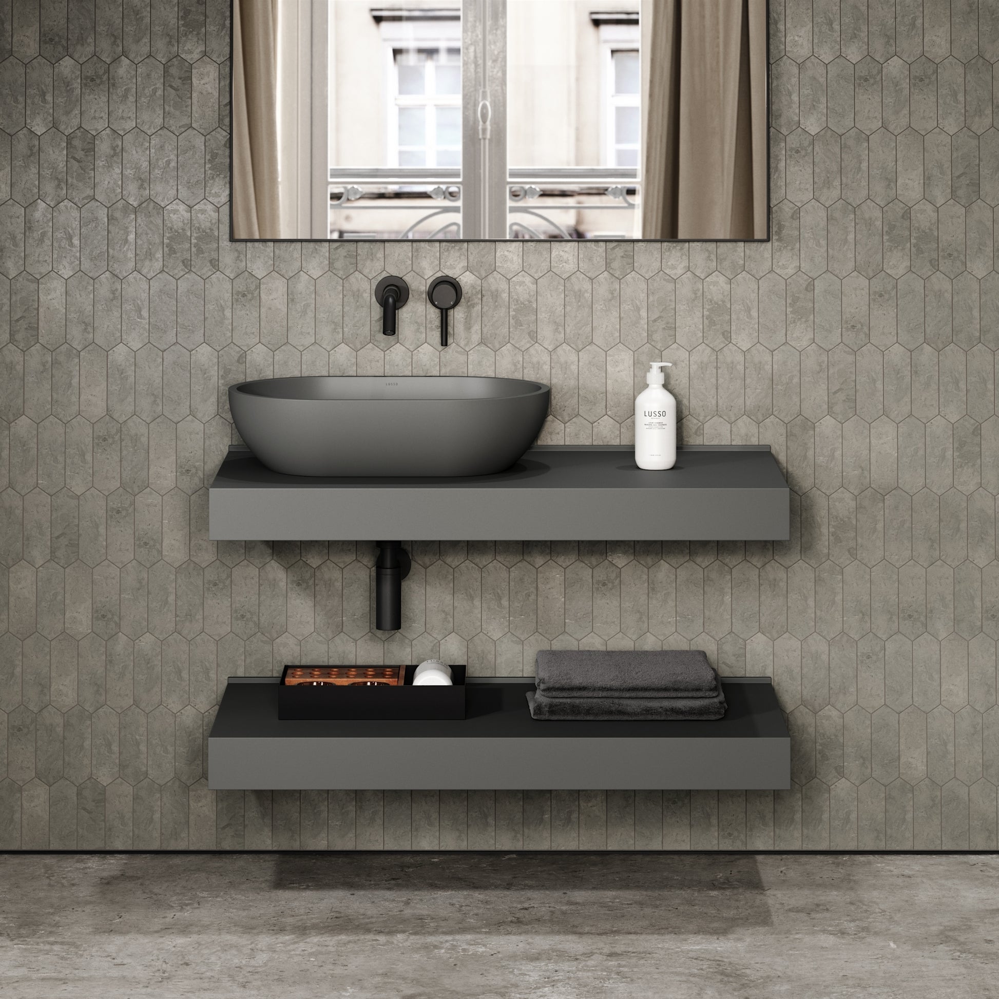Stone Wall Hung Countertop Basin Shelf & Towel Shelf (1000mm Wide - Clay)