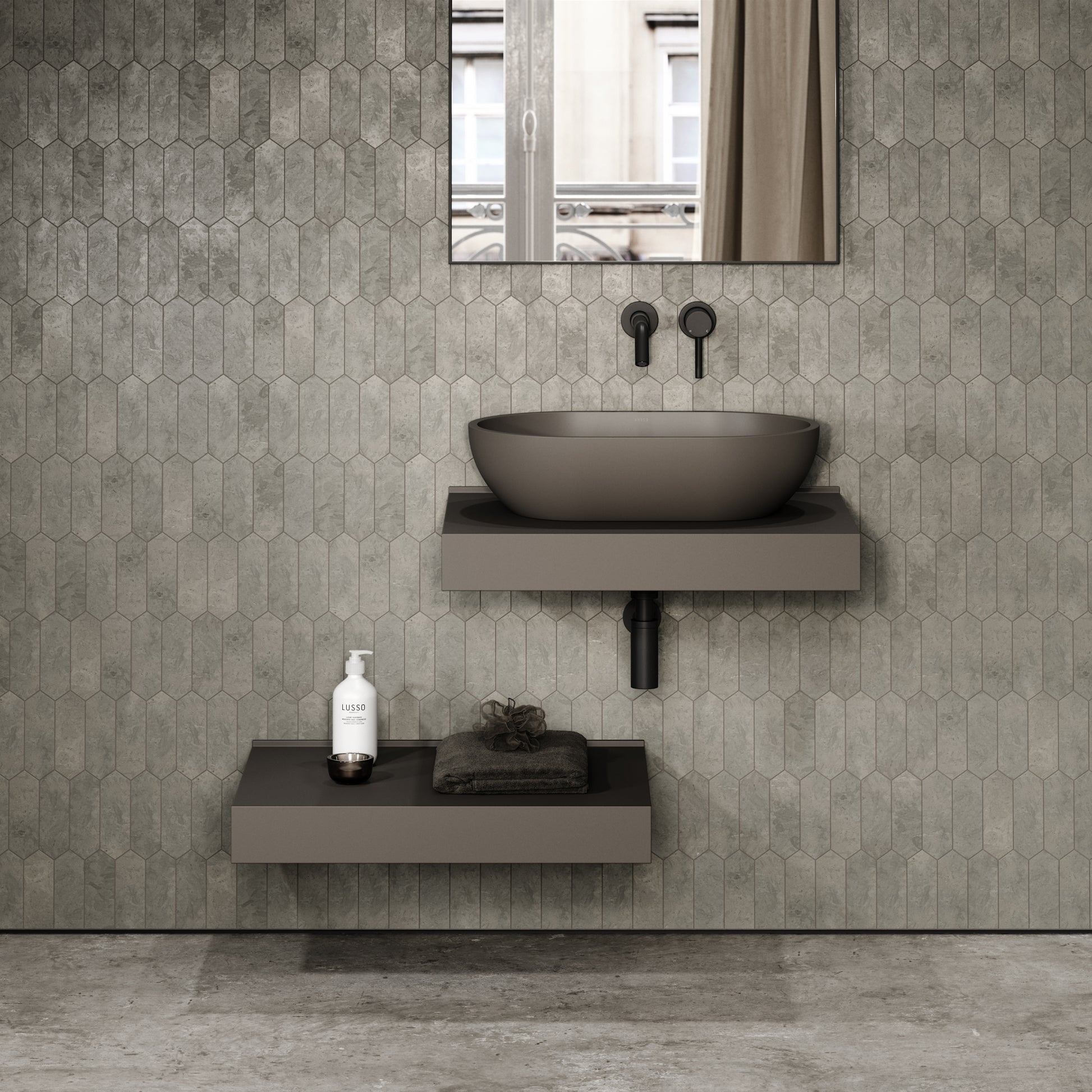 Stone Wall Hung Countertop Basin Shelf & Towel Shelf (660mm Wide - Earth)