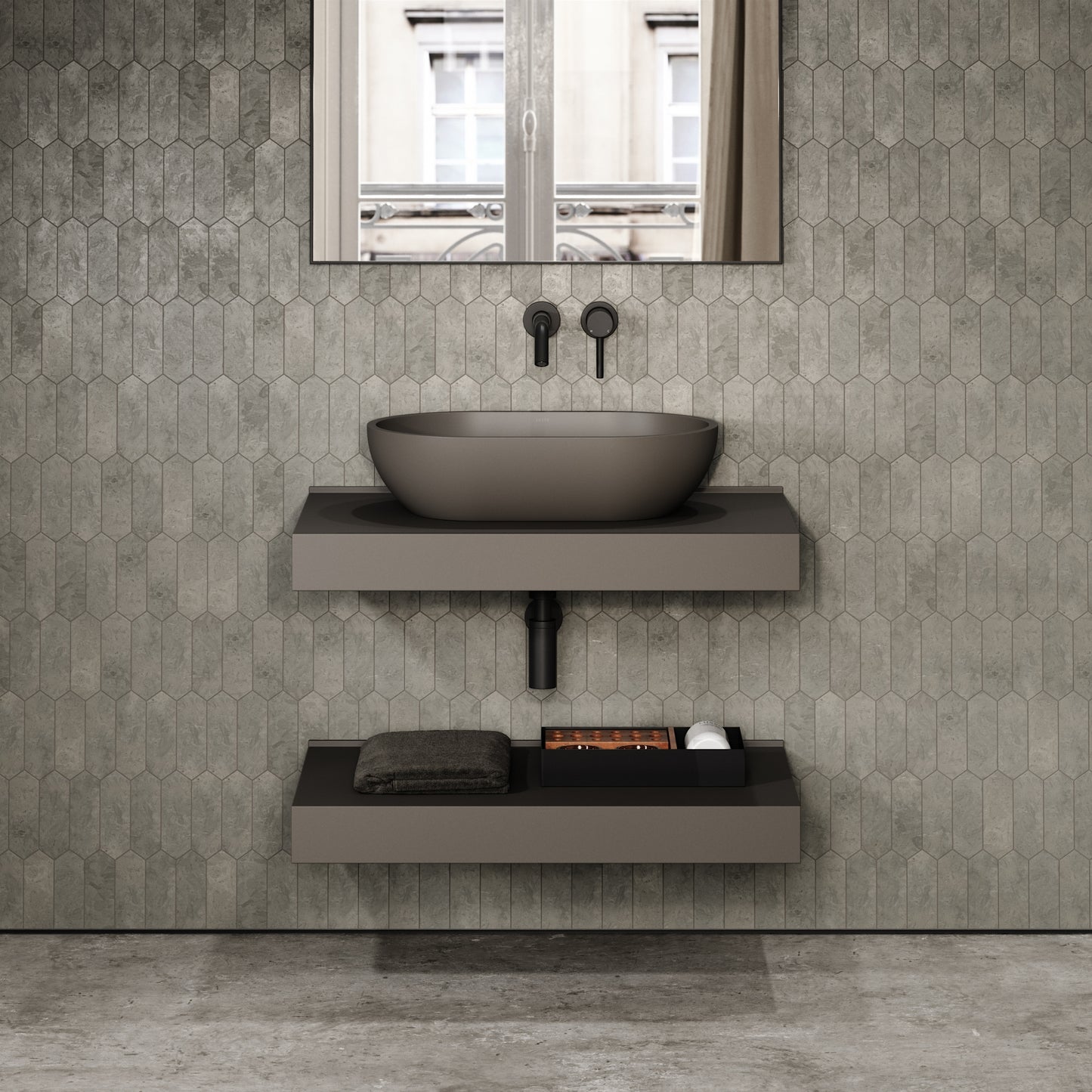 Stone Wall Hung Countertop Basin Shelf & Towel Shelf (800mm Wide - Earth)