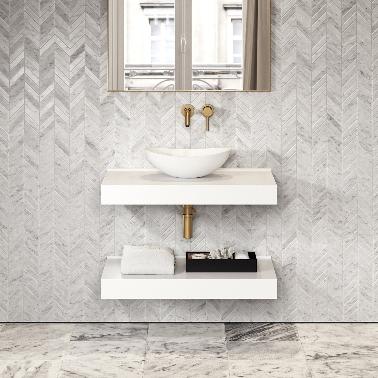 Stone Wall Hung Countertop Basin Shelf & Towel Shelf (800mm Wide - Matte White)