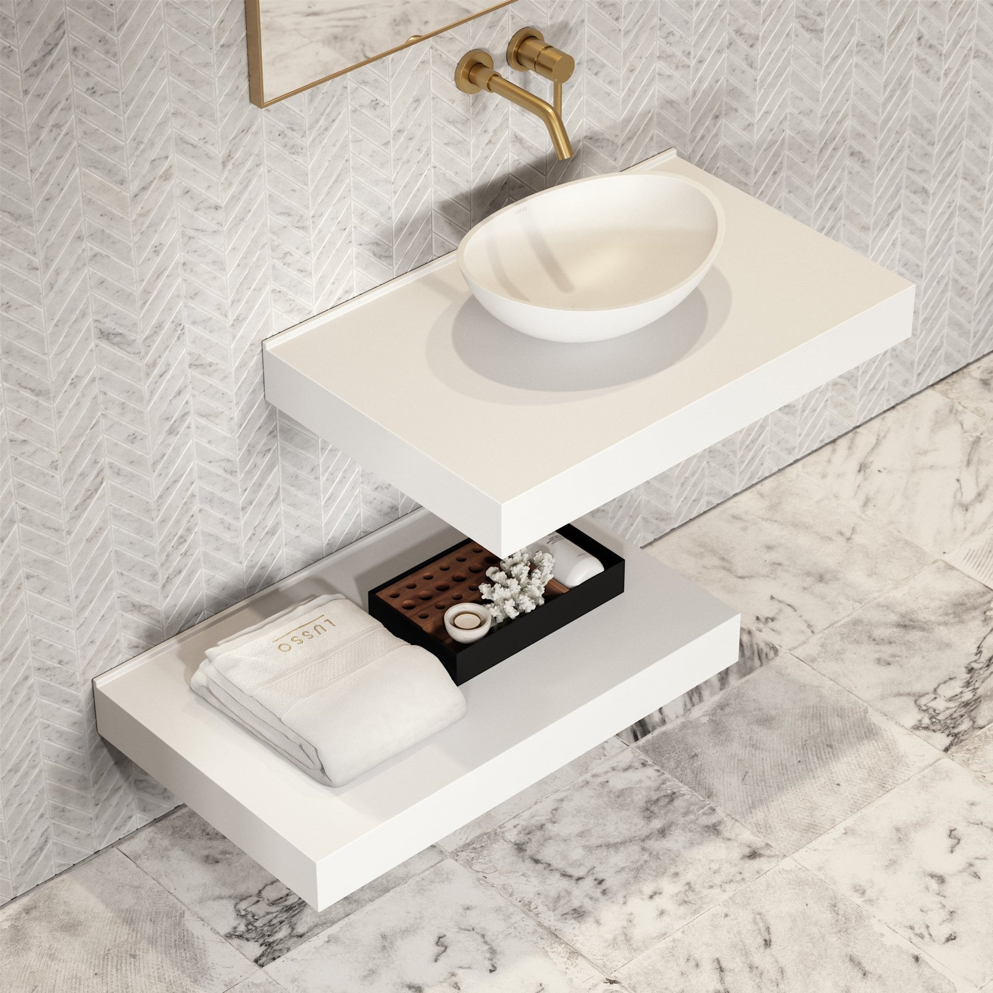 Stone Wall Hung Countertop Basin Shelf & Towel Shelf (800mm Wide - Matte White)