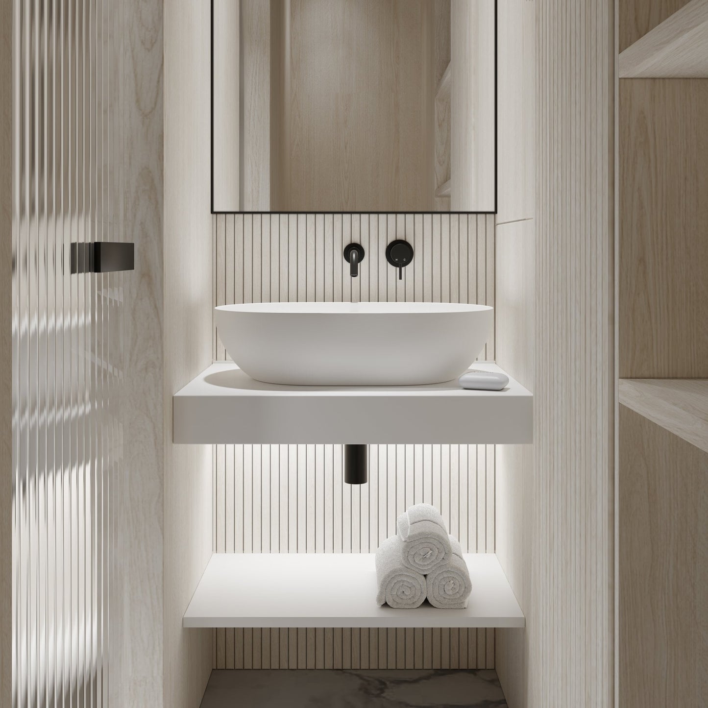 Stone Wall Hung Slimline Towel Shelf (660mm Wide - Polished White)
