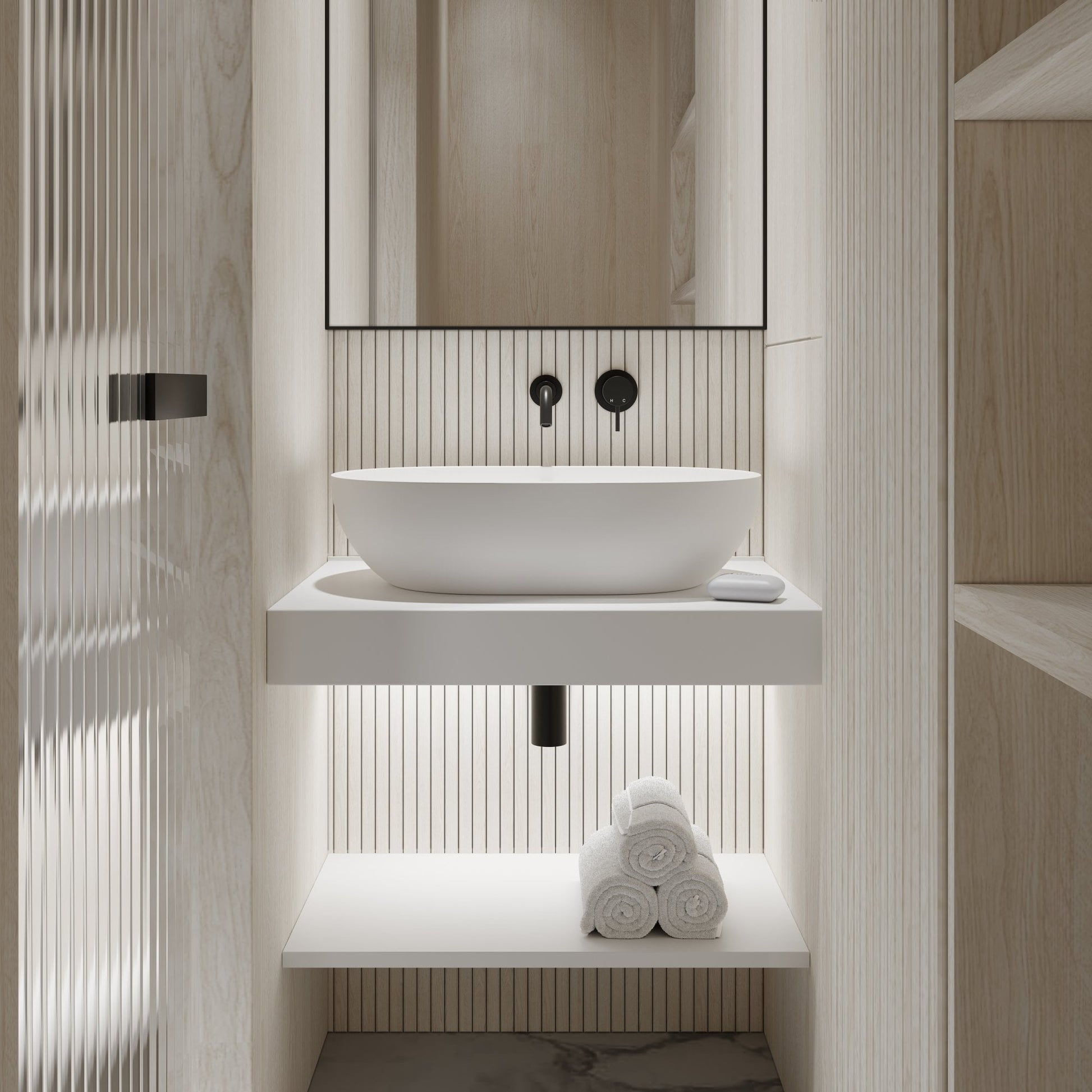 Stone Wall Hung Slimline Towel Shelf (660mm Wide - Polished White)