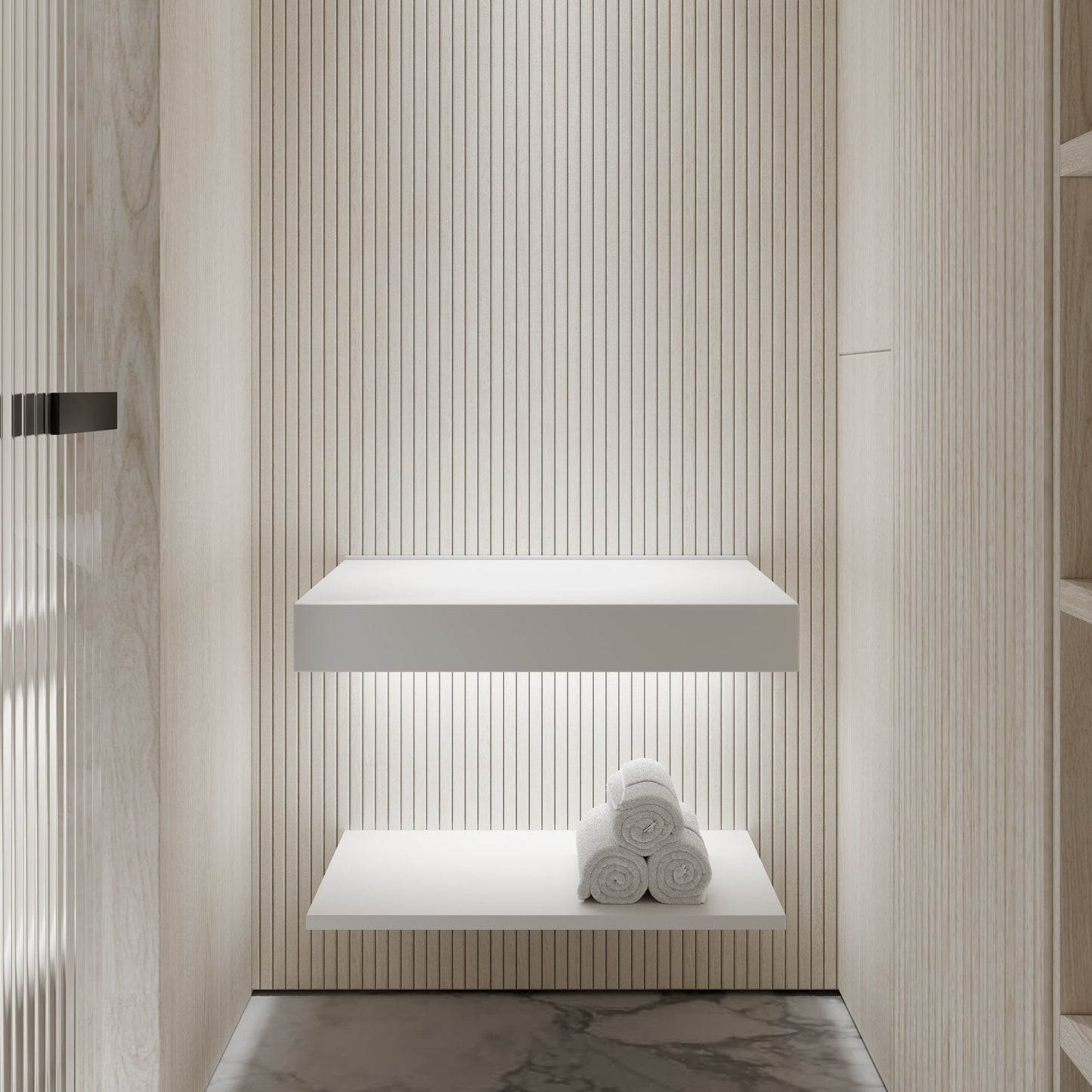 Stone Wall Hung Slimline Towel Shelf (660mm Wide - Polished White)