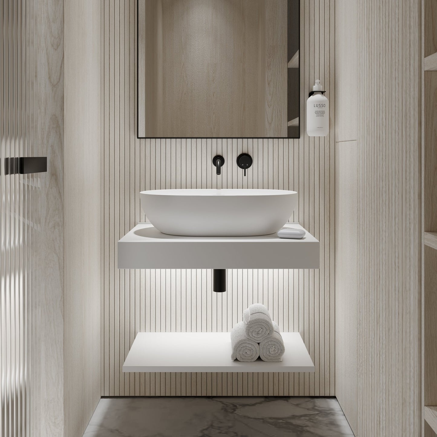 Stone Wall Hung Slimline Towel Shelf (660mm Wide - Polished White)