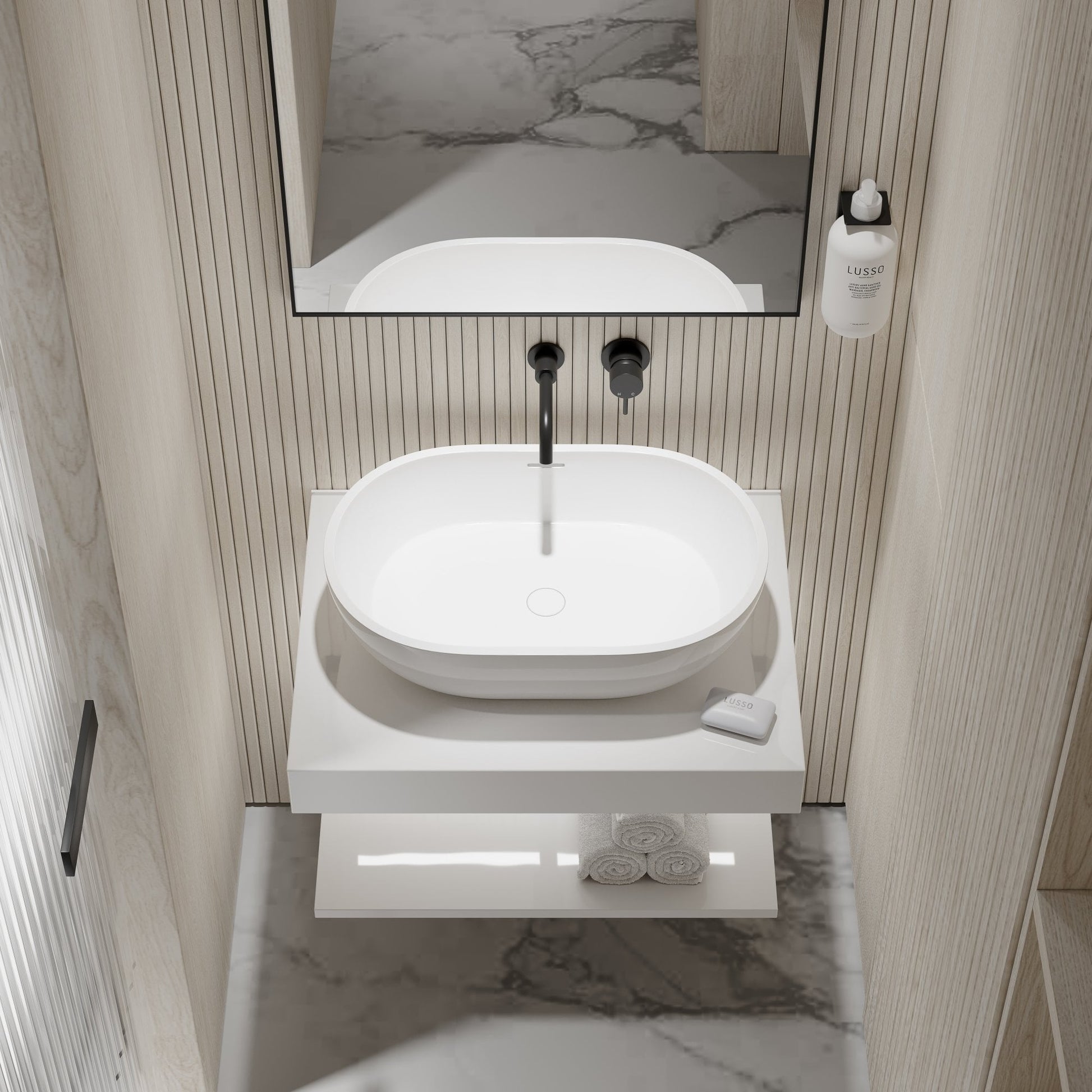 Stone Wall Hung Slimline Towel Shelf (660mm Wide - Polished White)