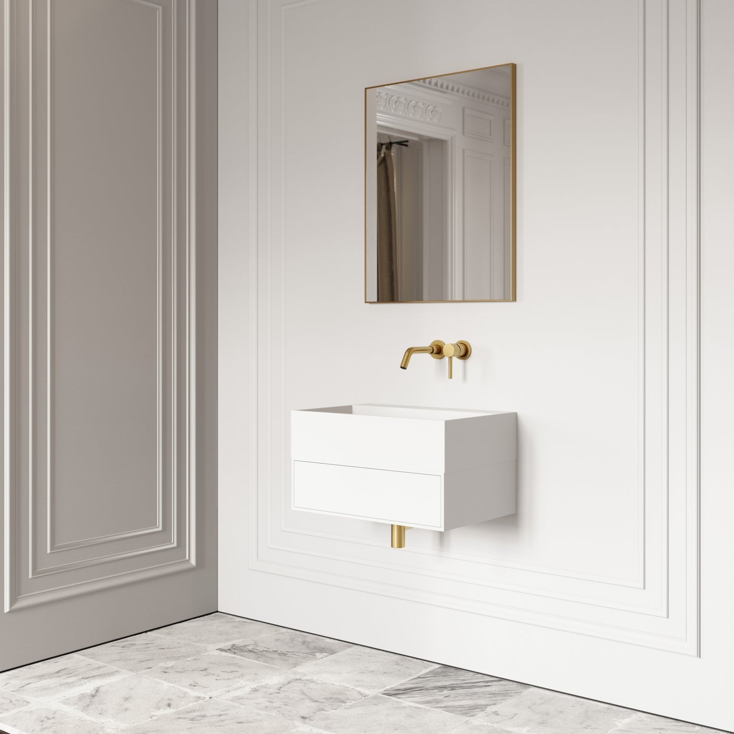 Thinn Matte White Vanity Unit with Stone Basin 600mm