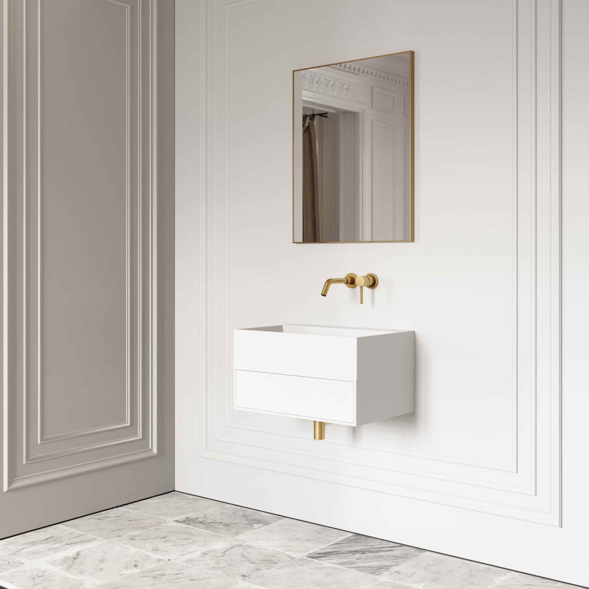 Thinn Matte White Vanity Unit with Stone Basin 600mm