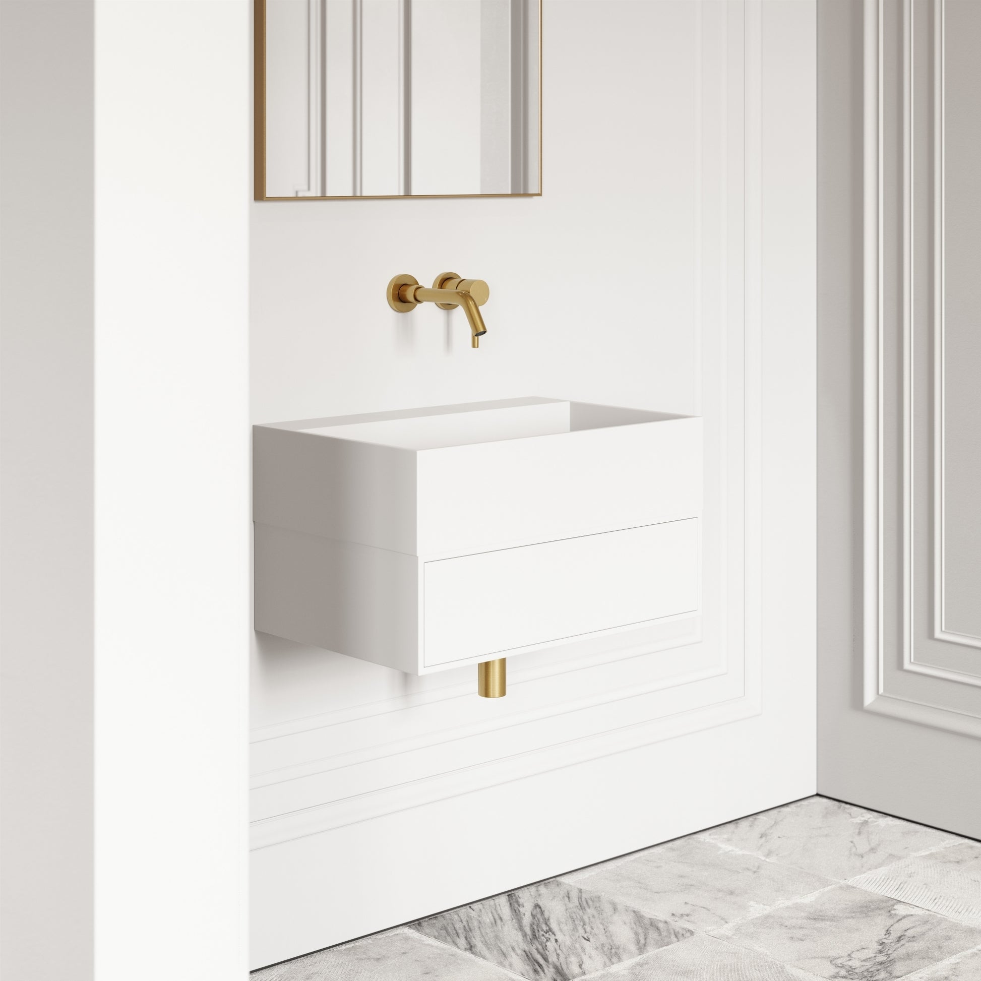 Thinn Matte White Vanity Unit with Stone Basin 600mm