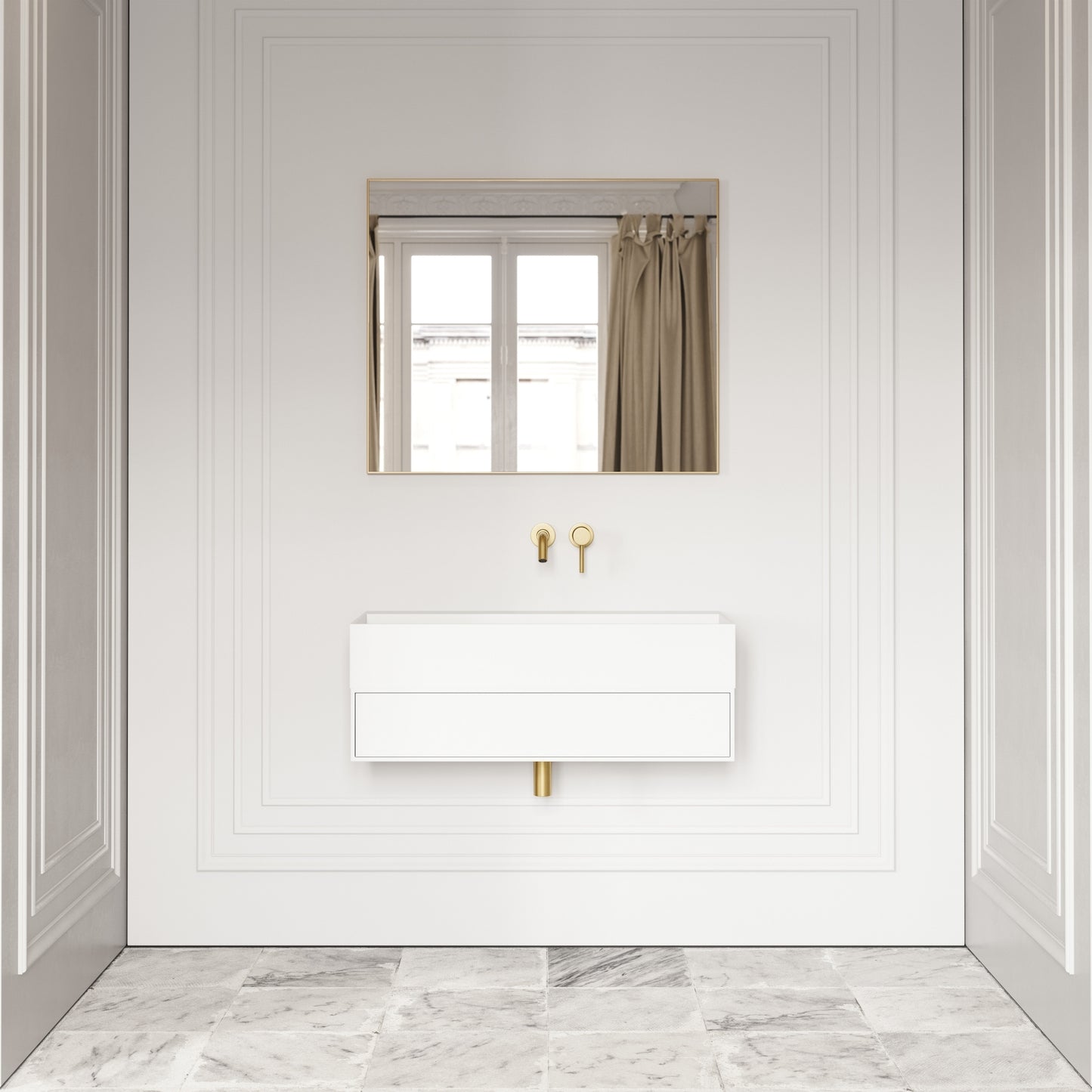Thinn Matte White Vanity Unit with Stone Basin 900mm