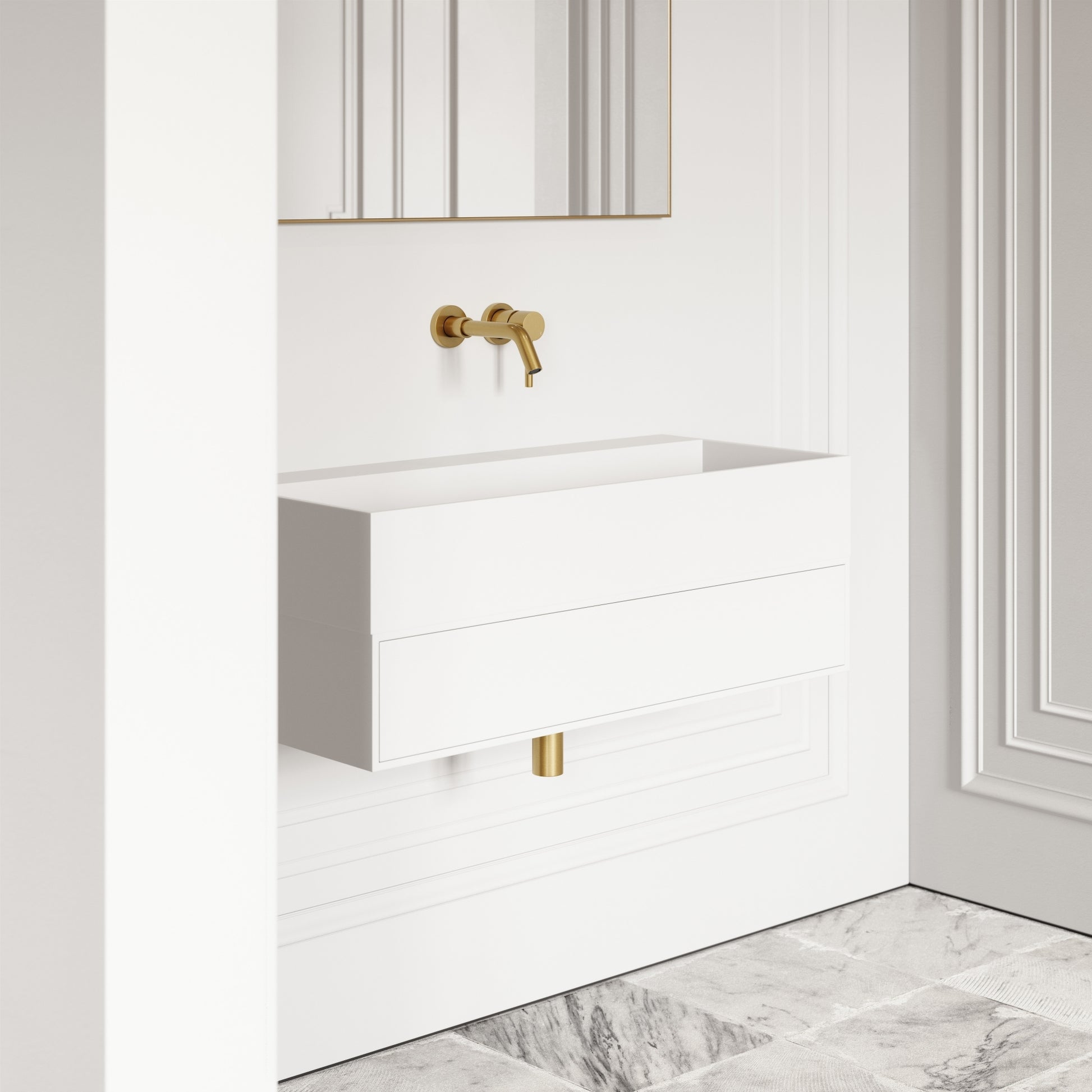 Thinn Matte White Vanity Unit with Stone Basin 900mm