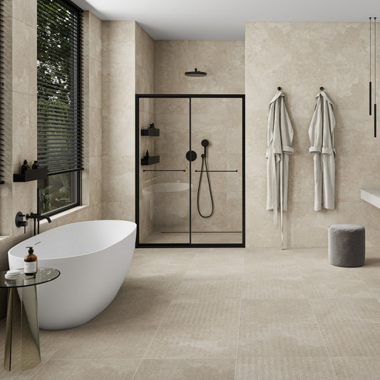 Torino Beige True Limestone Chevron Porcelain Wall or Floor Tile 600 x 600mm
