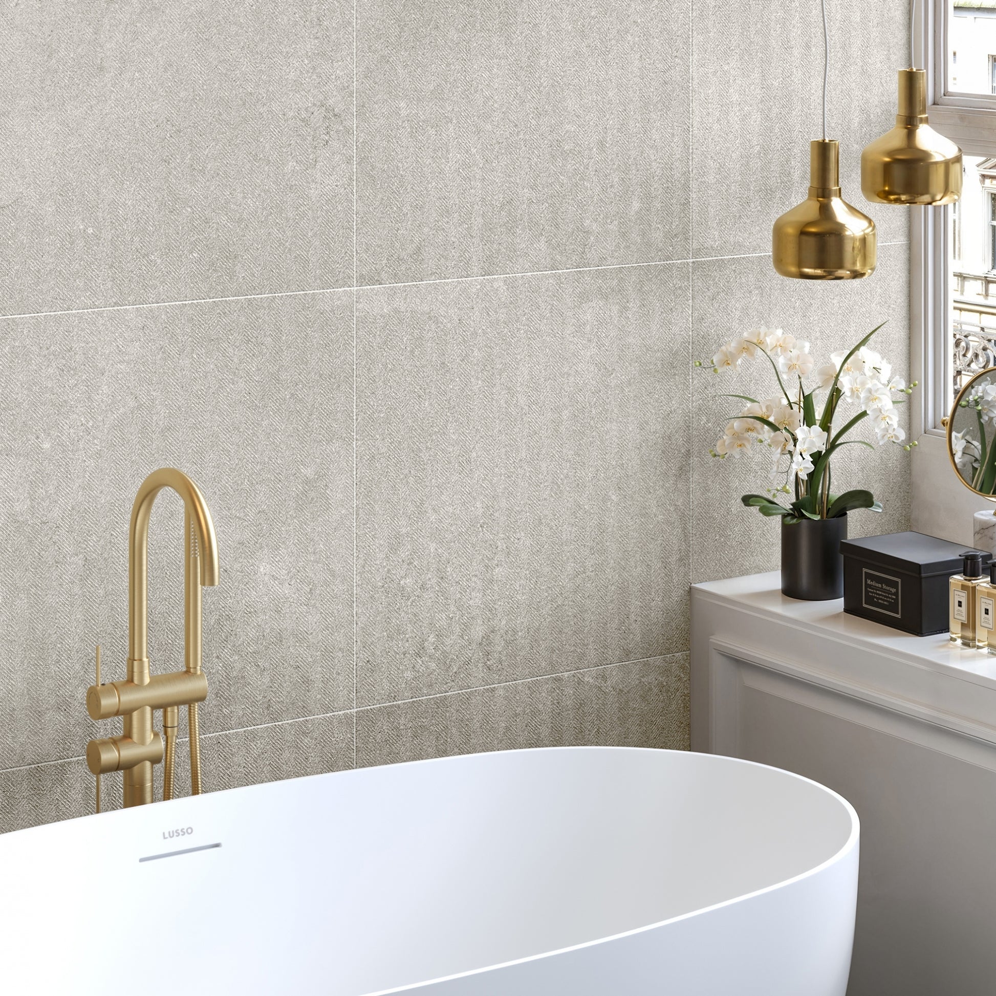 Torino Grigio True Limestone Chevron Porcelain Wall or Floor Tile 600 x 600mm