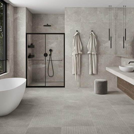Torino Grigio True Limestone Chevron Porcelain Wall or Floor Tile 600 x 600mm