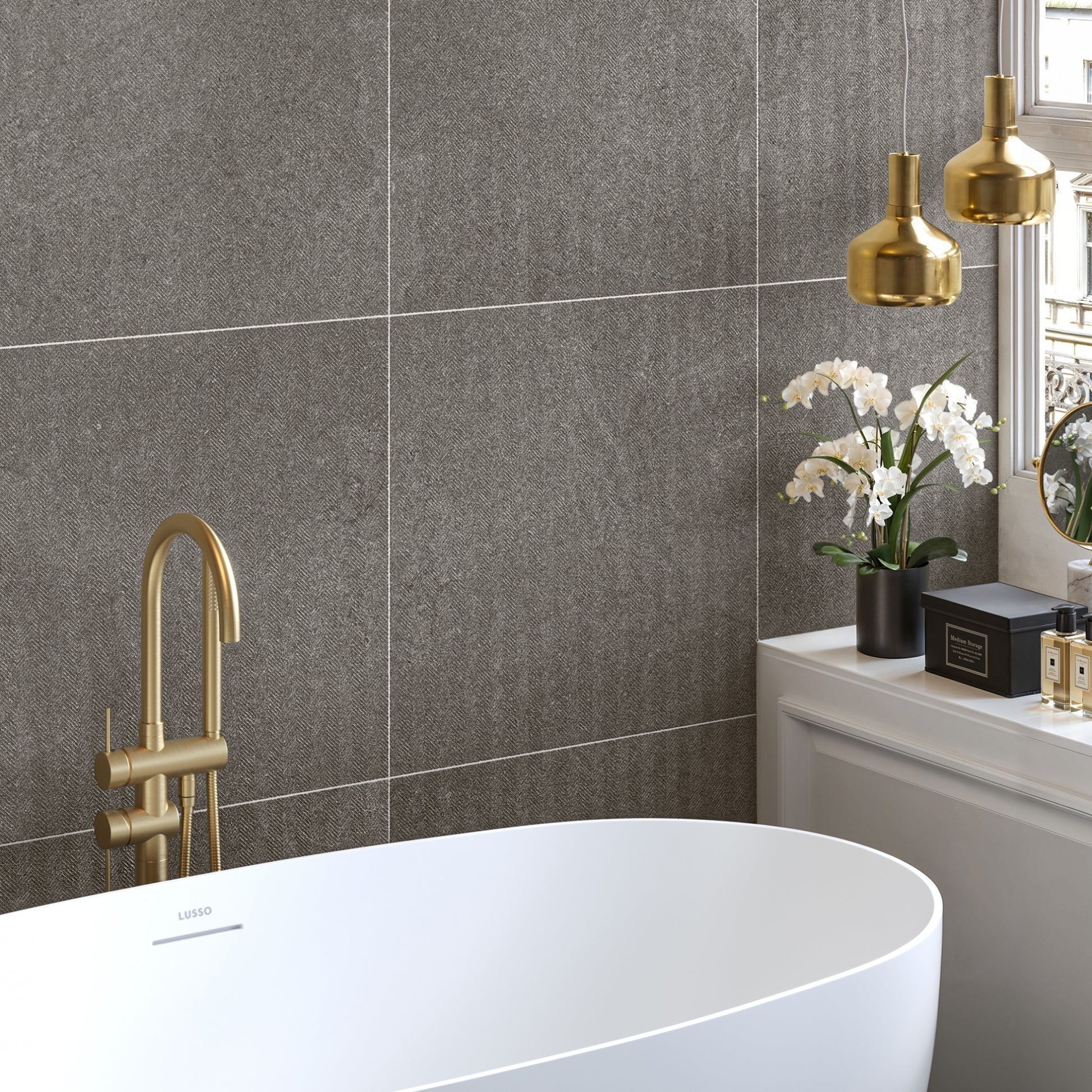 Torino Nero True Limestone Chevron Porcelain Wall or Floor Tile 600 x 600mm