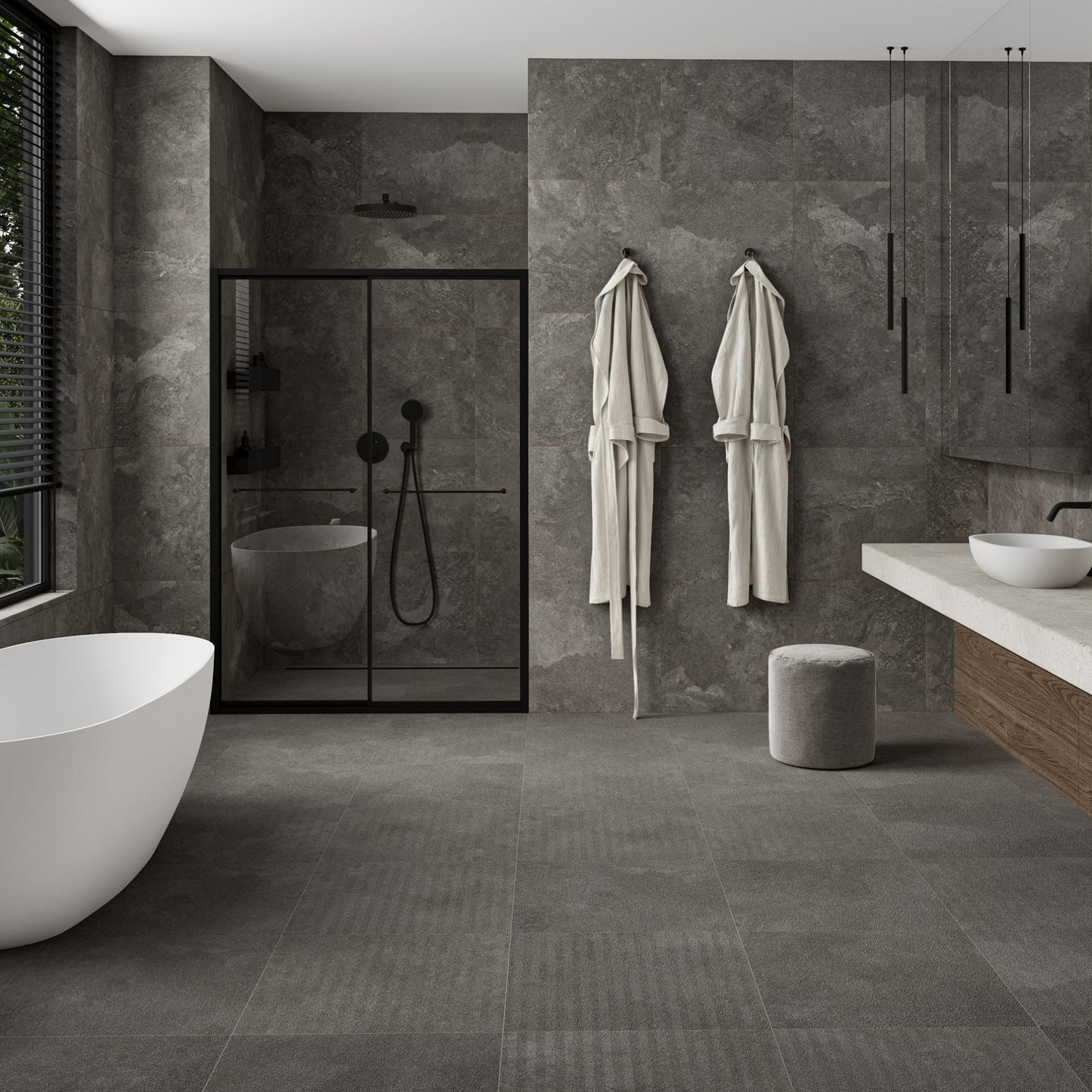 Torino Nero True Limestone Chevron Porcelain Wall or Floor Tile 600 x 600mm