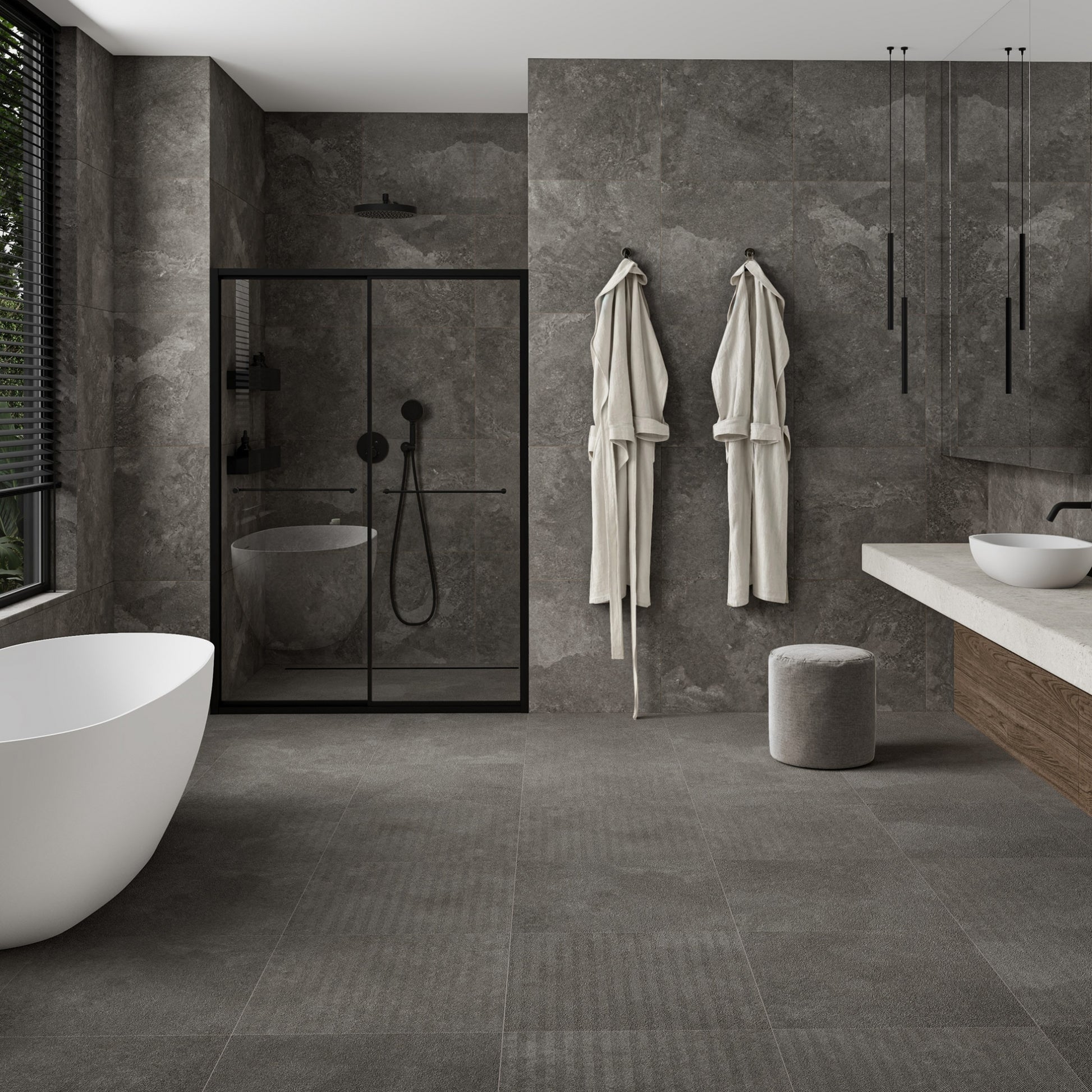 Torino Nero True Limestone Chevron Porcelain Wall or Floor Tile 600 x 600mm