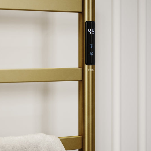 Vetro Brushed Gold Floorstanding Heated Towel Warmer