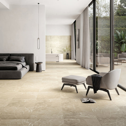 Vittorio Beige Limestone Porcelain Wall or Floor Tile 600 x 600mm