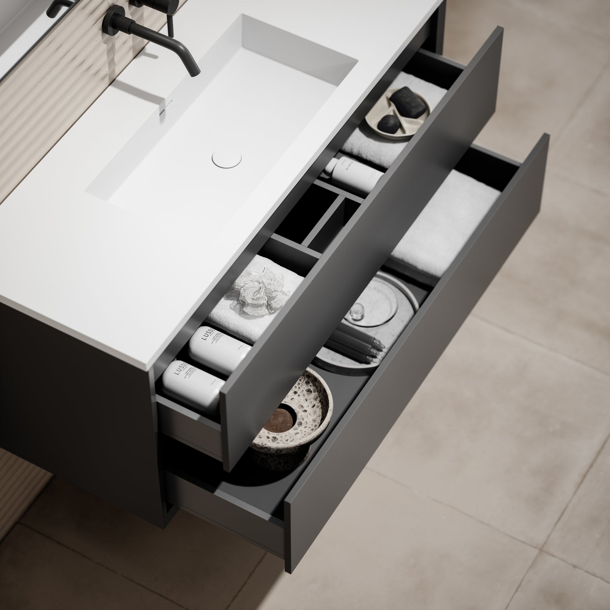 Volini Matte Anthracite Vanity Unit with Stone Basin 1200mm