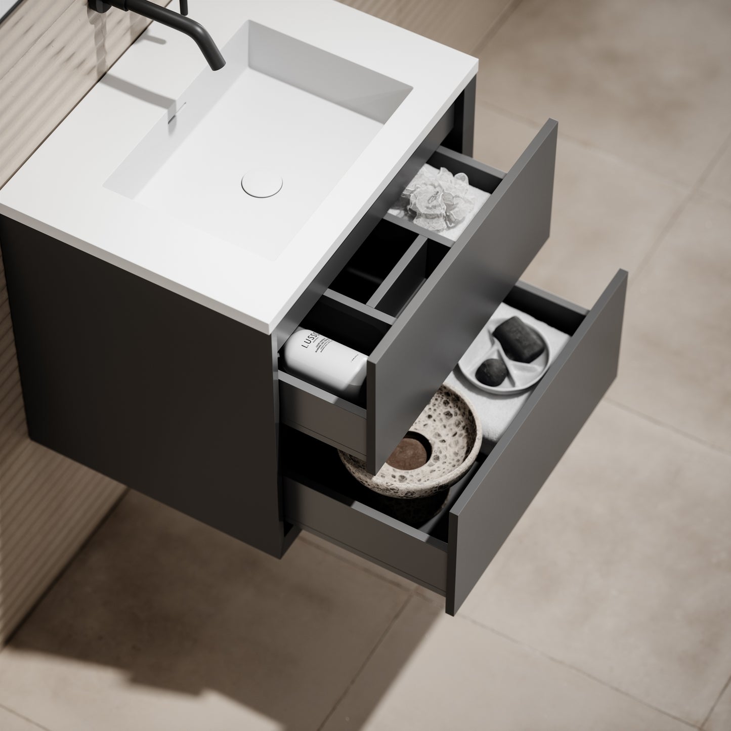 Volini Matte Anthracite Vanity Unit with Stone Basin 600mm