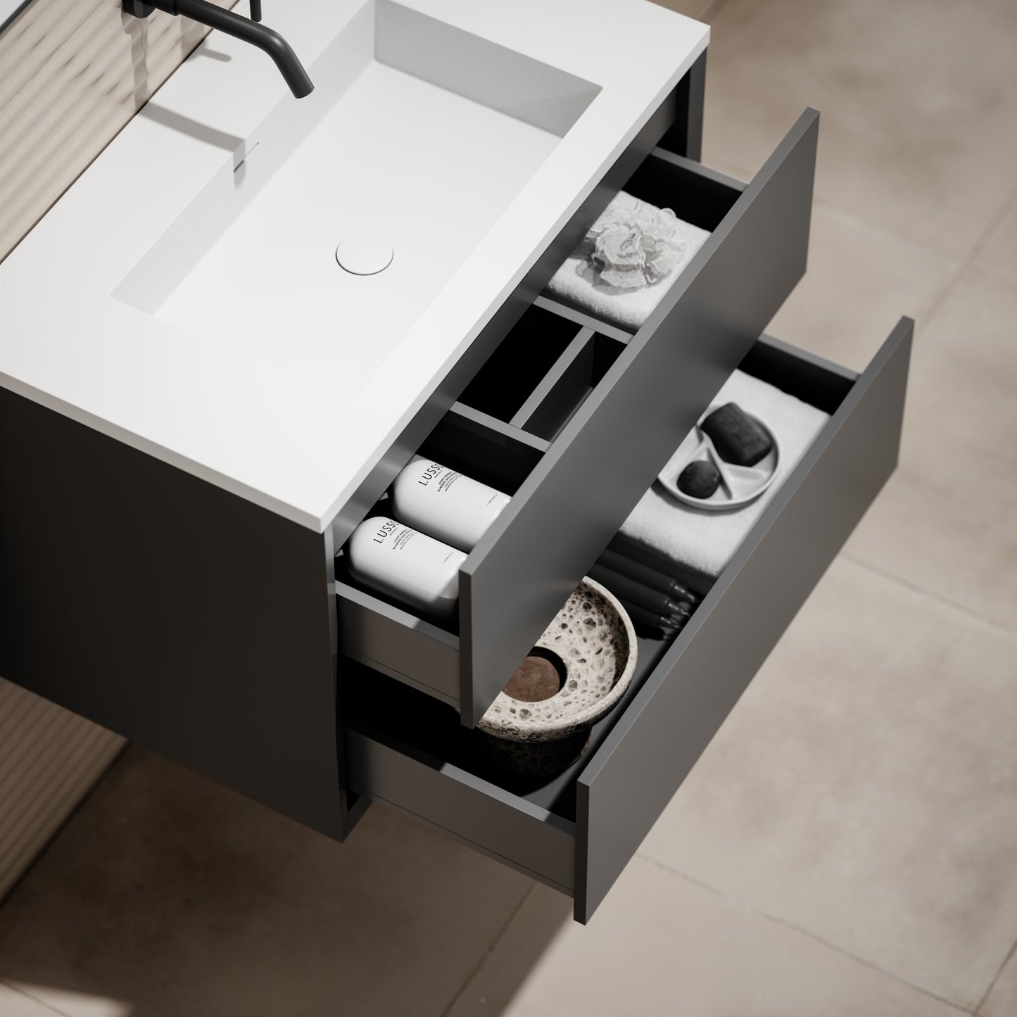 Volini Matte Anthracite Vanity Unit with Stone Basin 800mm