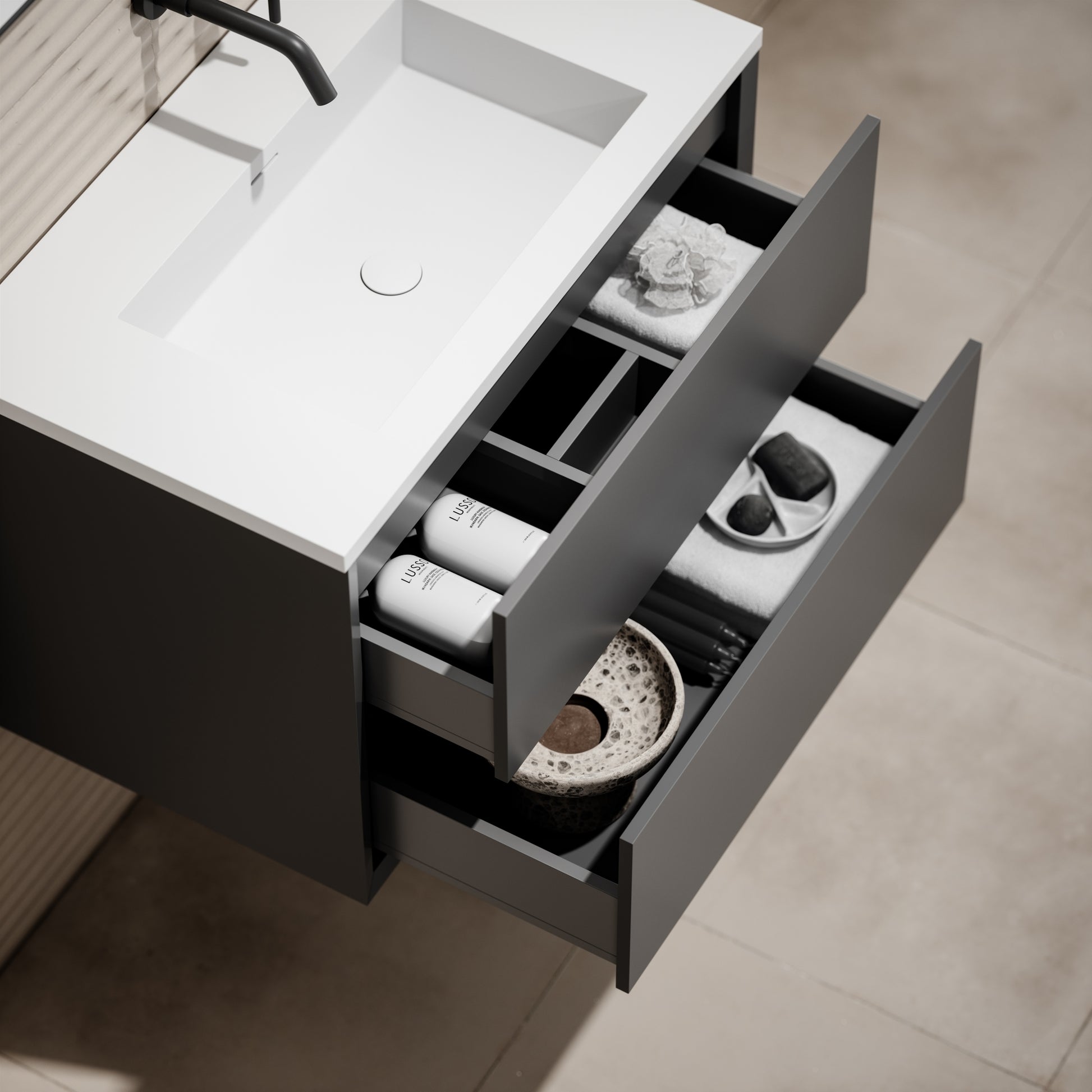 Volini Matte Anthracite Vanity Unit with Stone Basin 800mm
