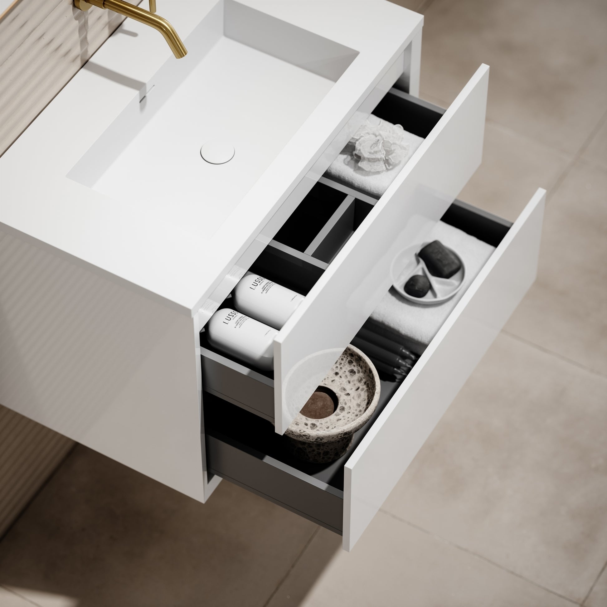 Volini Polished White Vanity Unit with Stone Basin 800mm