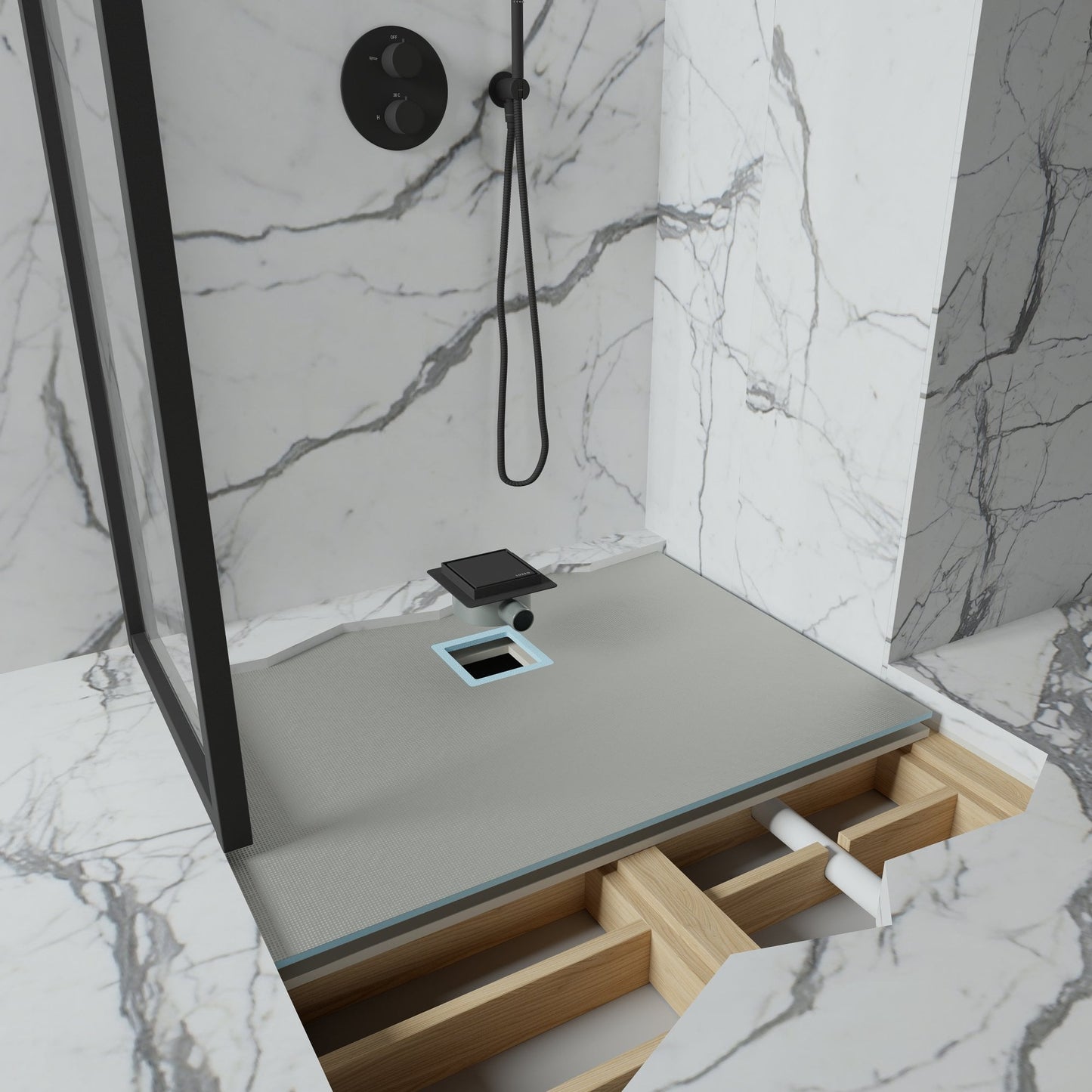 Wet Room Walk in Shower Tray Kit - Offset Drain + Tanking Kit + Matte Black Waste Kit (ALL SIZES)