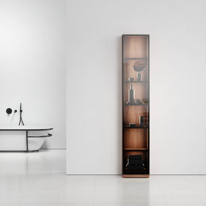 Zotto American Walnut Bathroom Glass Fronted Storage Cabinet with LED