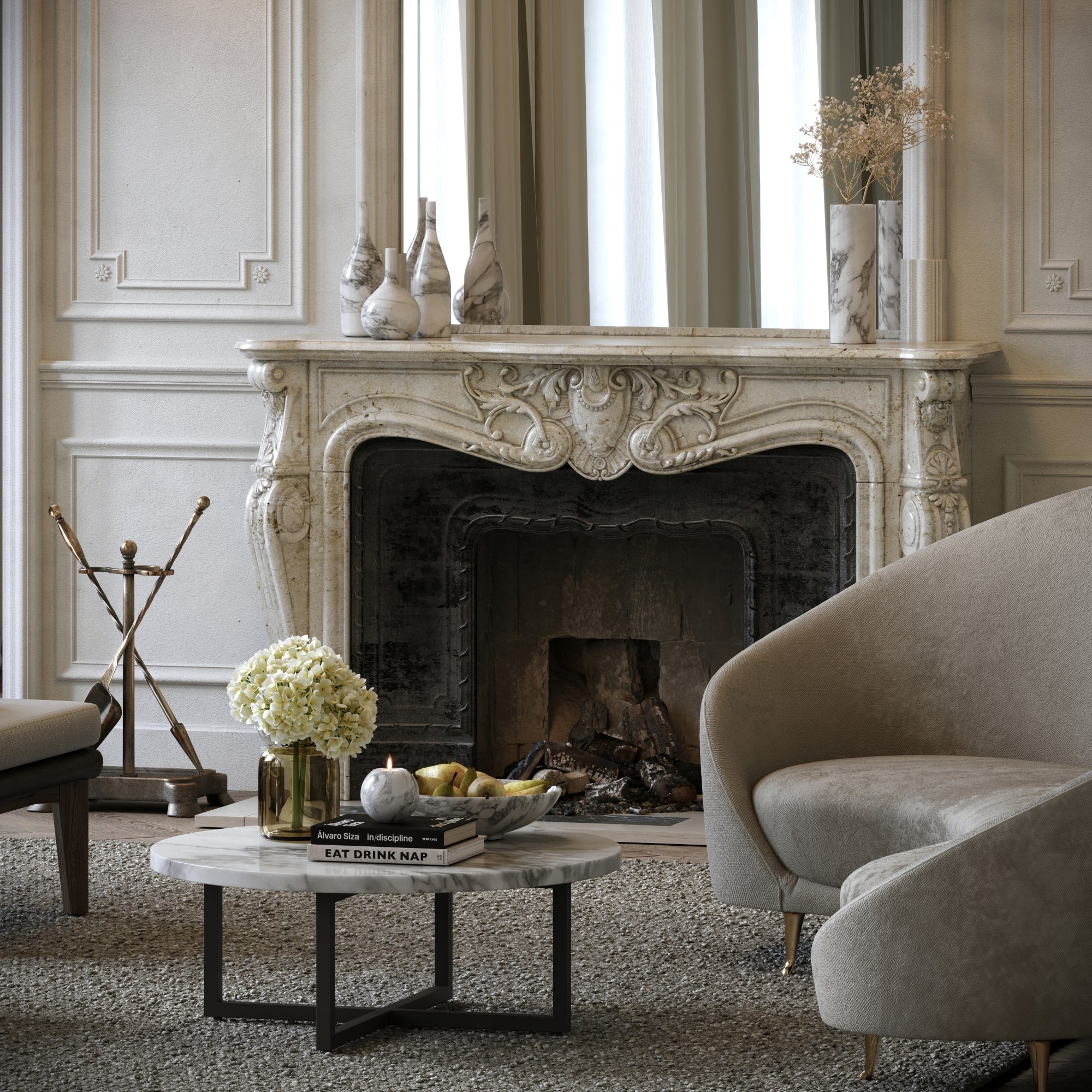 Nazzano Arabescato Marble Round Coffee Table with Black Legs - LUSSO